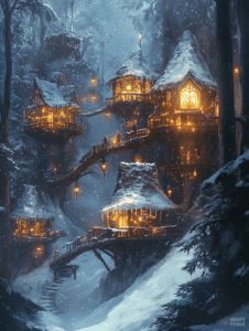 Enchanted Winter Village of Treehouses with Twinkling Lanterns and Icicle-Draped Roofs in a Serene Snowy Forest Christmas Digital Painting 18 X 24 Inch