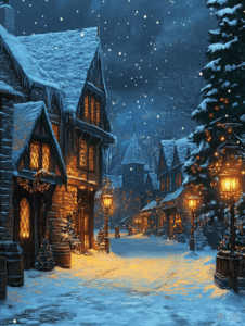 Quaint Snowy Village Street Illuminated by Warm Lantern Light on a Winter's Night Christmas Digital Painting 18 X 24 Inch