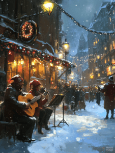 Musicians Serenade a Snowy Festive Street with Warm Glowing Lanterns and String Lights in a Charming Winter Evening Scene Christmas Digital Painting 18 X 24 Inch