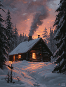 Cozy Log Cabin in Snow-Covered Forest at Sunset with Smoke Rising from Chimney and Warm Light Glowing Through Frosted Windows Christmas Digital Painting 18 X 24 Inch