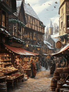 Bustling Winter Marketplace in a Snow-Covered Medieval Town with Wooden Stalls and Festive Decorations Christmas Digital Painting 18 X 24 Inch