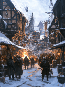 Winter Festival in a Medieval Village Street with Snow-Covered Timbered Houses and Warm Glowing Lanterns as People Gather Around a Large Bonfire Surrounded by Stalls and Icicle-Laden Roofs Christmas Digital Painting 18 X 24 Inch