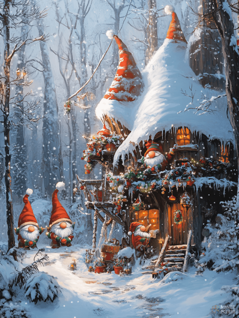 Whimsical Winter Enchanted Gnome Cottage in a Snowy Forest with Festive Decorations and Warm Cozy Glow Christmas Digital Painting 18 X 24 Inch