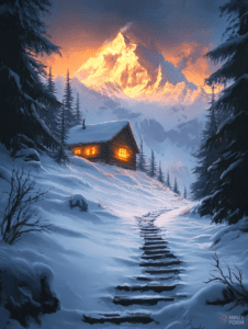 Cozy Mountain Cabin Illuminated by Sunset Amidst Snowy Forest and Majestic Fiery Peak Christmas Digital Painting 18 X 24 Inch