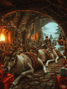 Jolly Reindeer Resting in a Cozy Festive Barn Adorned with Twinkling Lights and Holiday Decorations Amidst a Wintry Forest Backdrop Christmas Digital Painting 18 X 24 Inch