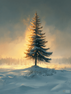 Majestic Evergreen Tree Illuminated by Golden Sunrise in a Frosty Winter Landscape Christmas Digital Painting 18 X 24 Inch