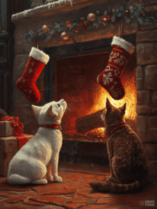 Two Cats Gazing at Stockings Hung Above a Cozy Fireplace Adorned with Festive Decorations in a Warm and Inviting Christmas Setting Christmas Digital Painting 18 X 24 Inch