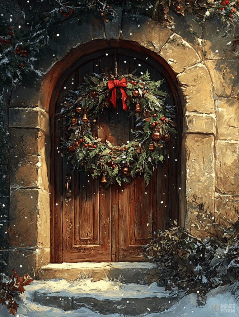 Charming Snowy Stone Cottage Entrance Adorned with Festive Green and Red Holiday Wreath and Gentle Falling Snowflakes Christmas Digital Painting 18 X 24 Inch