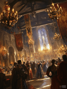 Grand Medieval Banquet Hall Illuminated by Golden Chandelier Glow Amidst Vibrant Tapestries and Elegant Nobles in Lavish Attire Christmas Digital Painting 18 X 24 Inch