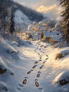 Snowy Pathway Leading to a Cozy Mountain Village at Dawn with Warm Glows from Wooden Cabins and Towering Evergreen Trees amidst Majestic Snow-Capped Peaks Christmas Digital Painting 18 X 24 Inch