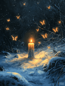 Glowing Candle Illuminates Enchanted Winter Forest with Swarming Luminous Butterflies Christmas Digital Painting 18 X 24 Inch