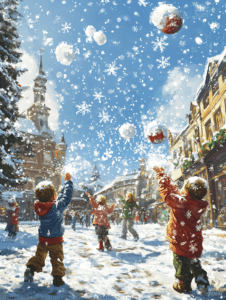 Children Playing in a Snowy Village Square with Falling Snowflakes and Holiday Joy Christmas Digital Painting 18 X 24 Inch