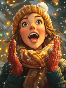 Joyful Winter Delight Young Girl in Vibrant Knit Hat and Cozy Scarf Surrounded by Sparkling Snowflakes and Blurred Festive Lights Christmas Digital Painting 18 X 24 Inch