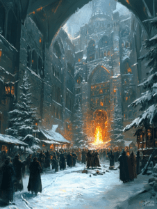 Majestic Winter Gathering in the Shadow of a Grand Gothic Cathedral with Glowing Warmth Amidst Snow Draped Pines Christmas Digital Painting 18 X 24 Inch