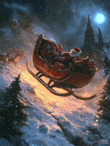 Enchanted Winter Night with Santa's Sleigh Soaring Through Snowy Skies by Moonlight Christmas Digital Painting 18 X 24 Inch