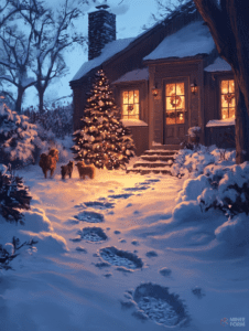 Warm Winter Glow of a Snow-Adorned Cottage with Christmas Tree Illuminating Footprints in the Freshly Fallen Snow as Evening Sets In Christmas Digital Painting 18 X 24 Inch