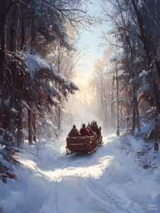 Group of Travelers in a Horse-Drawn Sleigh Gliding Through a Snow-Covered Forest Illuminated by Gentle Sunlight Christmas Digital Painting 18 X 24 Inch