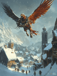 Majestic Griffin Soaring Over a Snowy Medieval Village with Icicle-Laden Roofs and Tiny Figures Amidst Falling Snowflakes Christmas Digital Painting 18 X 24 Inch