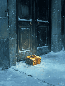 Mysterious Gift Wrapped in Golden Ribbon Resting Near Aged Wooden Door Amid Gently Falling Snowflakes on a Quiet Winter Evening Christmas Digital Painting 18 X 24 Inch