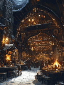 Festive Winter Feast in a Cozy Medieval Tavern with Warm Fire and Snow-Covered Entrance Illuminated by Twinkling Lights and Wooden Beams Christmas Digital Painting 18 X 24 Inch