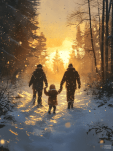 Family Walking Through a Snowy Forest Path at Sunset with Golden Light Streaming Through the Trees Christmas Digital Painting 18 X 24 Inch