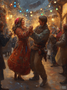 Vibrant Winter Festival Night with Joyful Dancing Couple Amidst Twinkling Lights and Festive Revelers in a Snowy Village Street Christmas Digital Painting 18 X 24 Inch