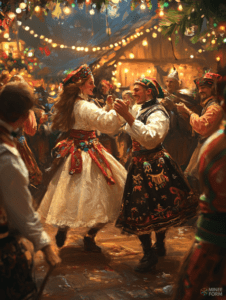 Festive Night Celebrations with Traditional Dance Under Twinkling Lights in a Rustic Village Setting Christmas Digital Painting 18 X 24 Inch