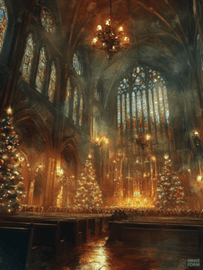 Grand Festive Christmas Service in an Illuminated Cathedral Hall Decorated with Glowing Candlelit Chandeliers Gleaming Stained Glass Windows and Radiant Holiday Trees Christmas Digital Painting 18 X 24 Inch