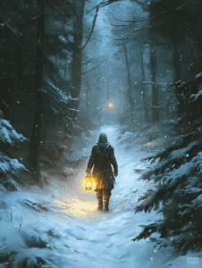 Solitary Wanderer with Lantern in Snowy Forest under Twilight Sky Christmas Digital Painting 18 X 24 Inch