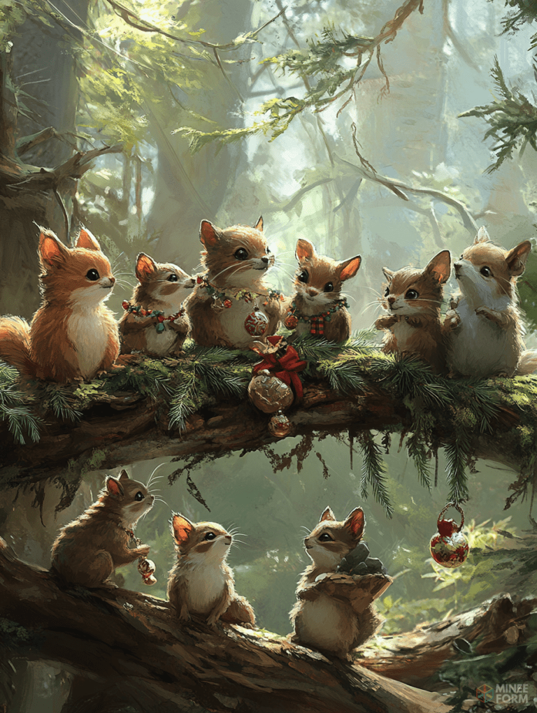 Enchanted Woodland Gathering of Festive Squirrels Adorned with Ornaments on Sunlit Forest Branch Christmas Digital Painting 18 X 24 Inch