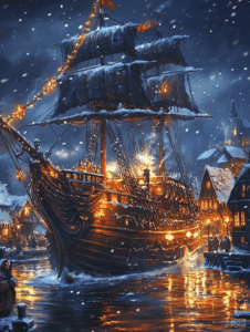 Majestic Tall Ship Ablaze with Fiery Sails Illuminating a Snowy Harbor Village in the Depths of a Winter Night Scene Christmas Digital Painting 18 X 24 Inch