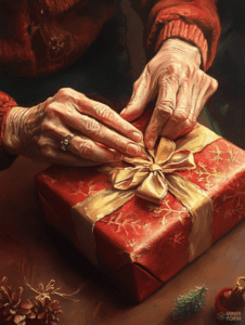 Elderly Hands Carefully Tying a Golden Ribbon on a Festive Red Christmas Gift with Decorations Nearby Christmas Digital Painting 18 X 24 Inch