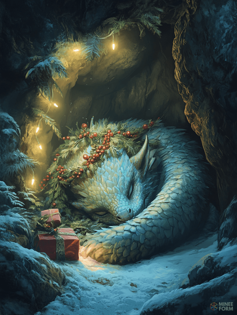 A Magical Winter Slumber of the Garland Crowned Dragon in a Snowy Cave Illuminated by Warm Twinkling Lights and Mystery Gifts Christmas Digital Painting 18 X 24 Inch