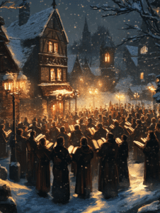 Choir Singing in a Snowy Village Street under Warm Golden Lights on a Frosty Winter Night Christmas Digital Painting 18 X 24 Inch