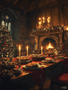 A Grand Festive Feast in a Glowing Castle Hall with Candlelit Tables and Ornate Holiday Decorations Beside a Roaring Fireplace and a Majestic Christmas Tree Christmas Digital Painting 18 X 24 Inch