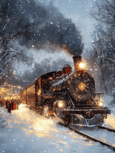 Majestic Steam Train Arriving in Snowy Winter Forest with Glowing Lights and Gathered People in Vibrant Attire Christmas Digital Painting 18 X 24 Inch