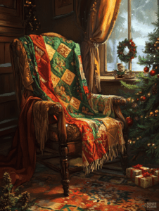 Cozy Holiday Armchair with Patchwork Quilt in Sunlit Room Adorned with a Christmas Tree and Gifts by the Window with Falling Snow and Evergreen Wreath Christmas Digital Painting 18 X 24 Inch