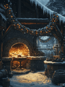 Glowing Hearth and Forge Workshop Wrapped in Snowy Winter Garland and Falling Snowflakes Christmas Digital Painting 18 X 24 Inch