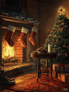 Cozy Christmas Eve by the Fireplace with Stockings and Glowing Christmas Tree Christmas Digital Painting 18 X 24 Inch