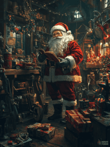 Santa Claus in a Cozy Workshop Surrounded by Vintage Toys and Presents Illuminated by Warm Festive Lights Christmas Digital Painting 18 X 24 Inch