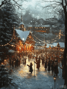 Enchanted Winter Village Illuminated by Twinkling Lights as a Serene Choir Serenades the Snow-Covered Landscape Under a Calm Moonlit Sky Christmas Digital Painting 18 X 24 Inch