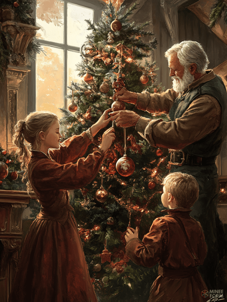 Family Tradition of Lovingly Decorating the Christmas Tree Near a Sunlit Window Christmas Digital Painting 18 X 24 Inch