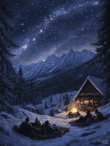 Starlit Winter Night with Friends Gathered Around a Warm Campfire Near a Cozy Snow-Covered Cabin in a Majestic Mountain Landscape Christmas Digital Painting 18 X 24 Inch