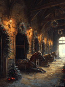 Majestic Holiday Stables with Festive Wreaths and Resting Horses in Warm Golden Light Christmas Digital Painting 18 X 24 Inch