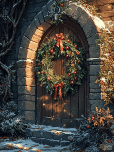 Rustic Stone Entryway with Festive Evergreen Wreath and Red Bows Amidst Snow and Ivy Christmas Digital Painting 18 X 24 Inch