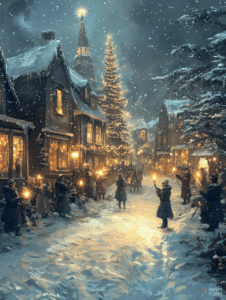 Snowy Village Street Illuminated by Torchlight with Festive Gathering and Tall Decorated Tree Against a Night Sky Christmas Digital Painting 18 X 24 Inch