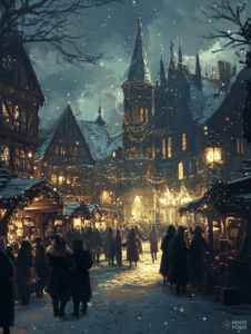 Enchanted Winter Market in a Snow Dusted Village with Twinkling Lights and Festive Stalls Amidst Historic Architecture Christmas Digital Painting 18 X 24 Inch