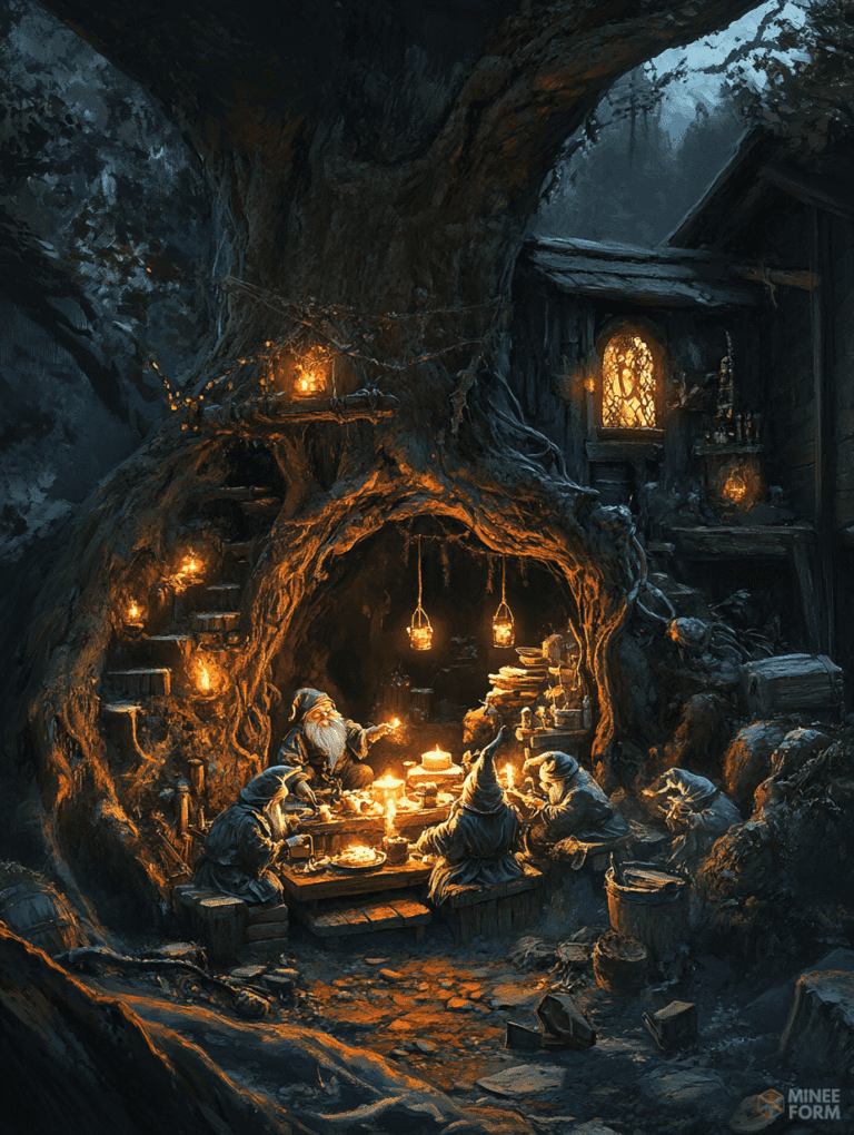 Enchanted Evening Gathering of Dwarves in a Luminous Tree Hollow with Radiant Lights and Rustic Ambiance Christmas Digital Painting 18 X 24 Inch