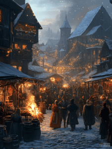 Bustling Medieval Winter Market Square Illuminated by String Lights Amidst Snowy Rooftops and Large Festive Crowd Christmas Digital Painting 18 X 24 Inch