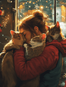 Warm Embrace by Candlelight with Feline Companions on a Snowy Winter Evening Christmas Digital Painting 18 X 24 Inch